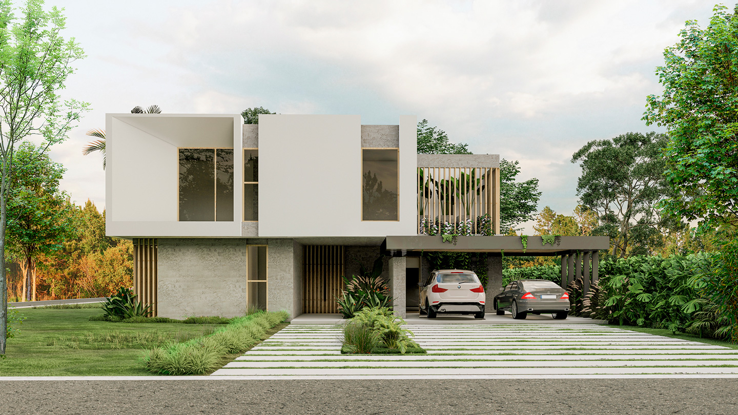 Casa de dos plantas con fachada blanca y madera