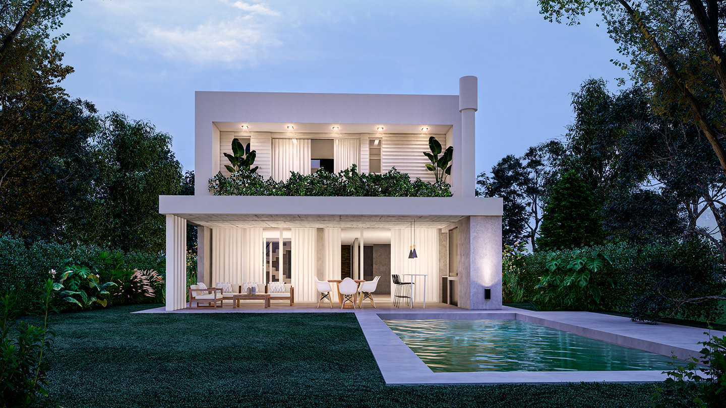 Casa Araucarias IV al atardecer, con pileta