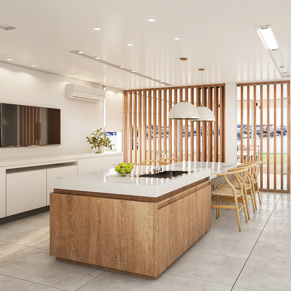 Cocina integrada con isla de madera